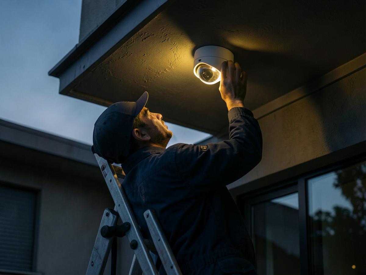 Technician installing a dome CCTV camera under a building eave