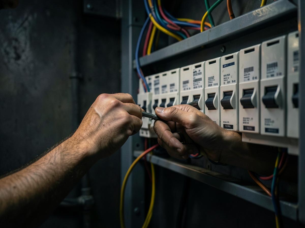 Electrician testing breakers inside a modern distribution board