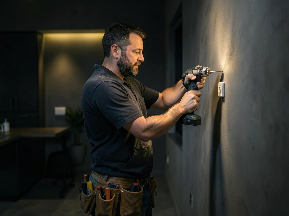 Handyman using a cordless drill to mount a wall fixture