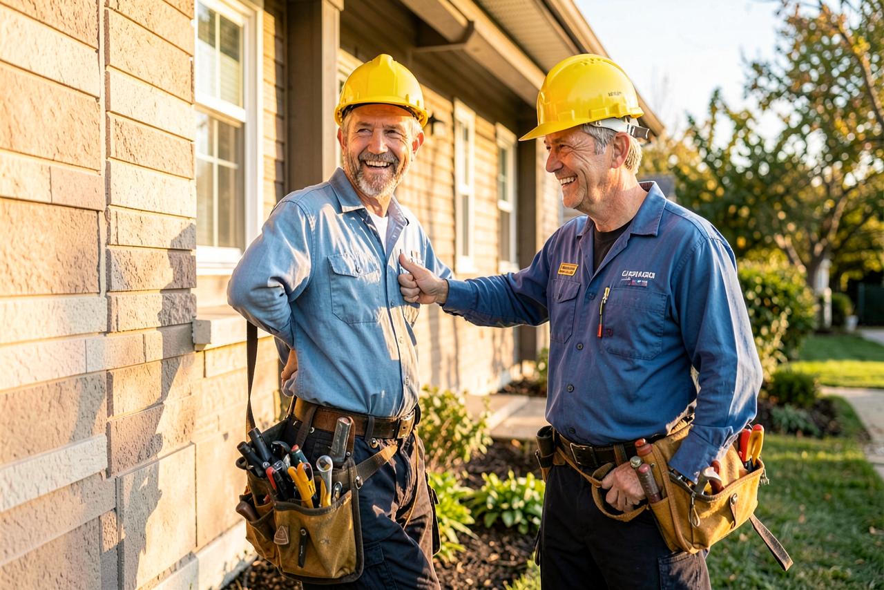 Two friendly maintenance technicians with tool belts at a home