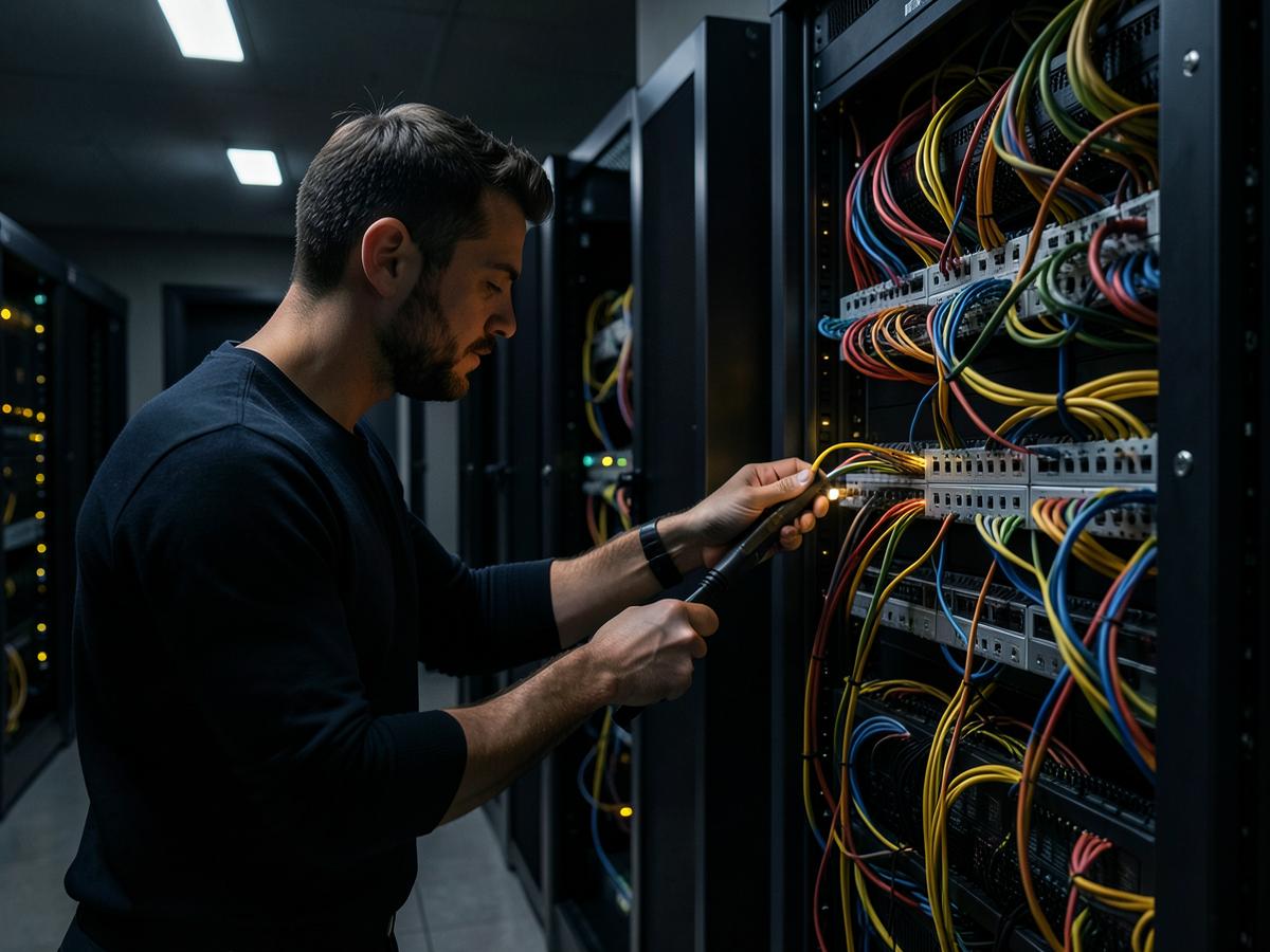 Technician terminating network data cables into a patch panel