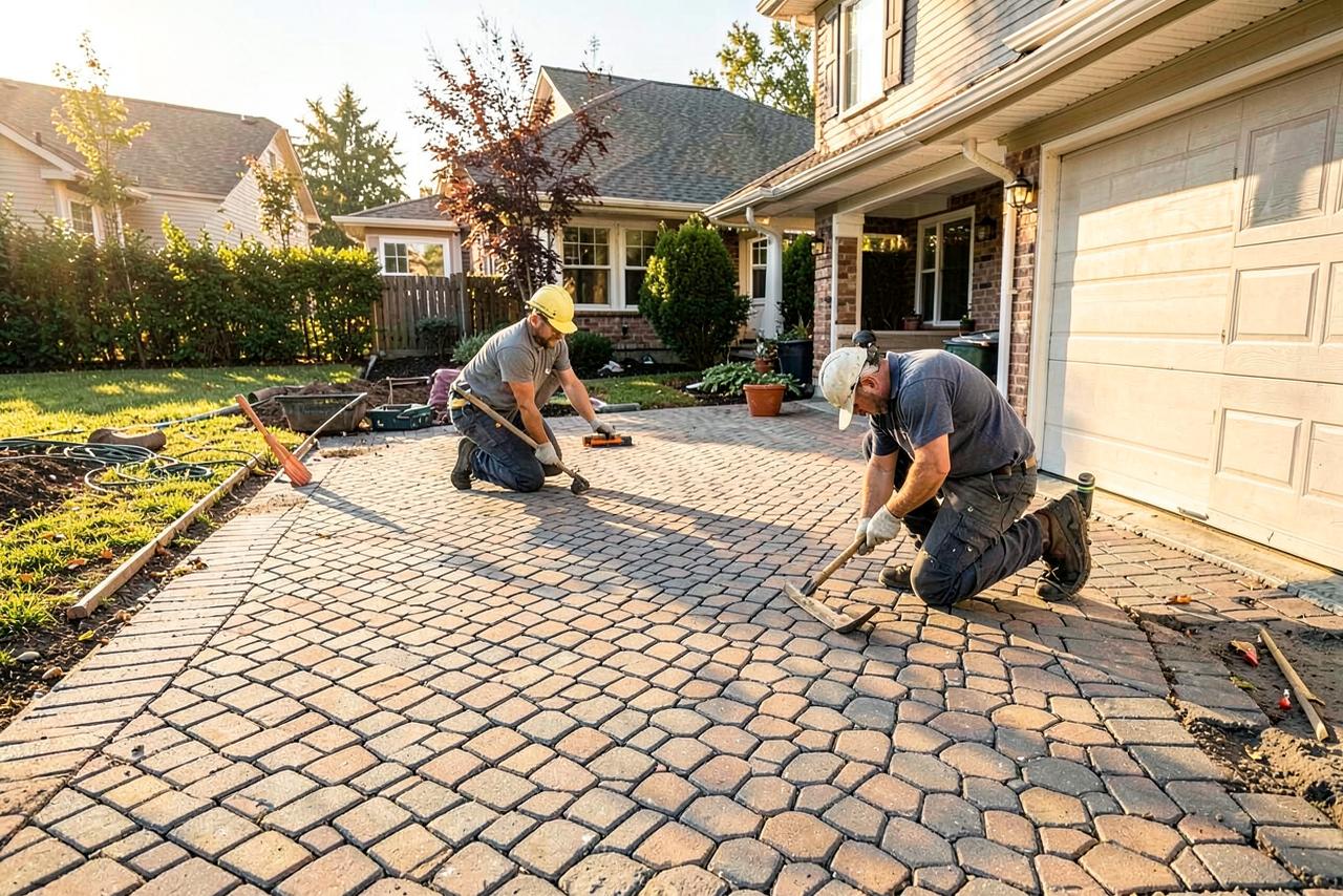 Two workers laying interlocking paving bricks on a driveway
