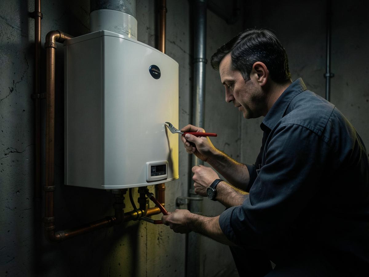 Plumber servicing a wall-mounted geyser with copper pipework